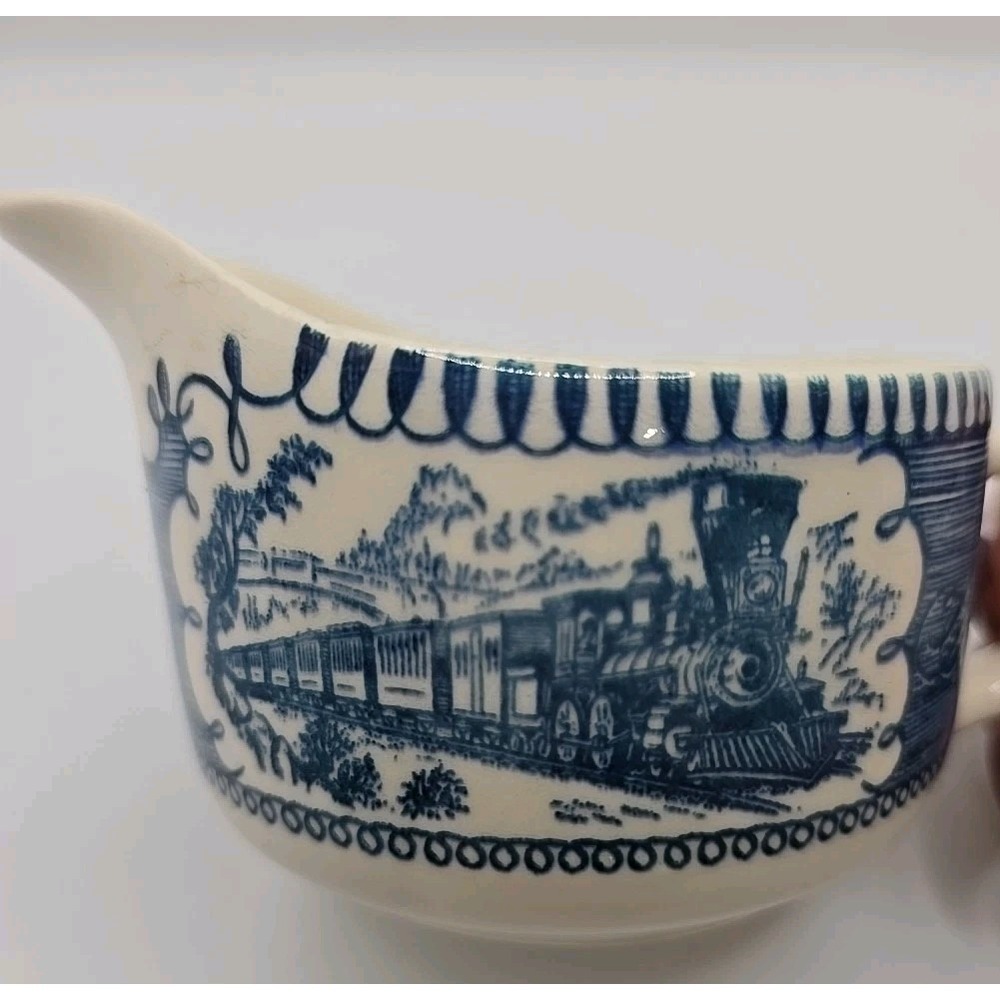 Vintage Currier & Ives Express Train Royal China Creamer Pitcher Blue White USA - Picture 2 of 7